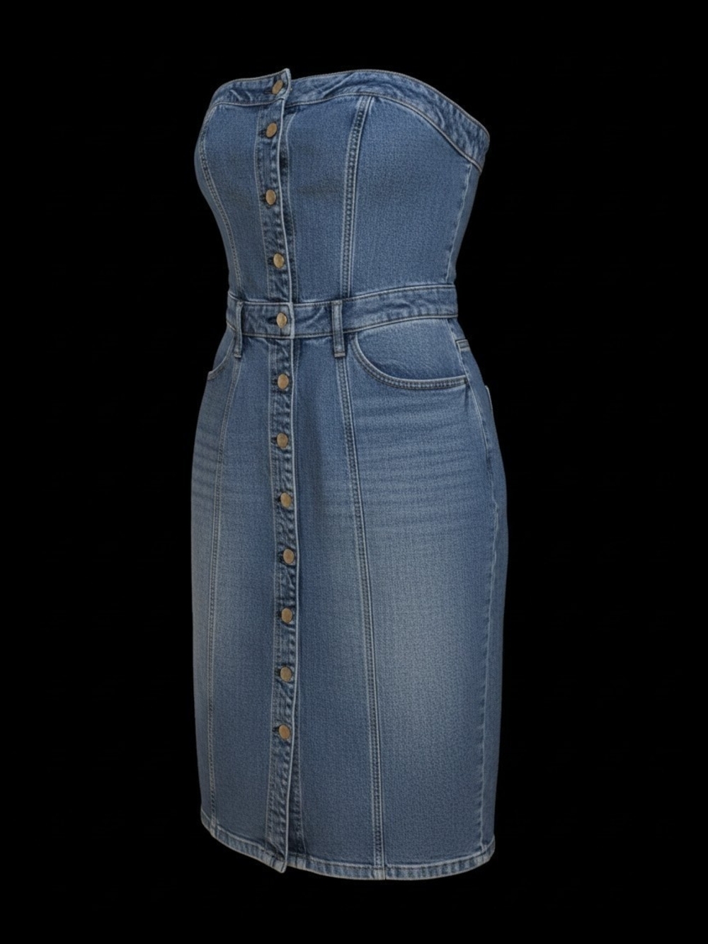 Strapless Blue Denim Button-Front Pencil Dress